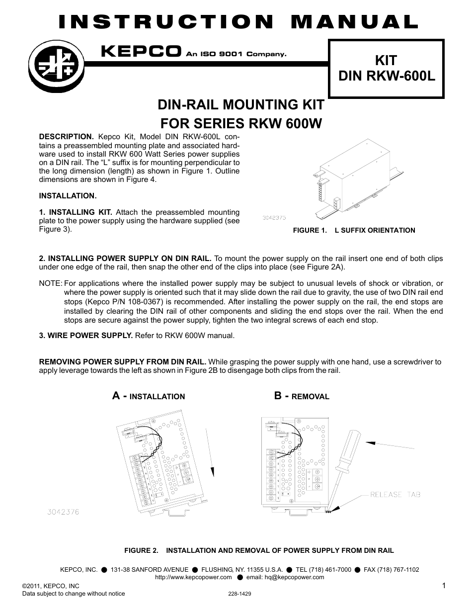 KEPCO DIN KIT RKW-600 (L) User Manual | 2 pages