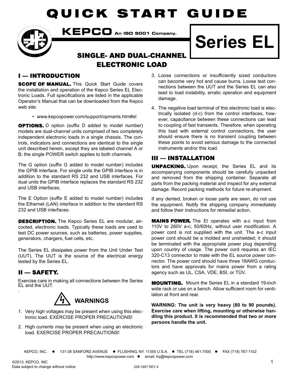 KEPCO EL Series Quick Start Guide (Firmware Version 4.00 and higher) User Manual | 4 pages