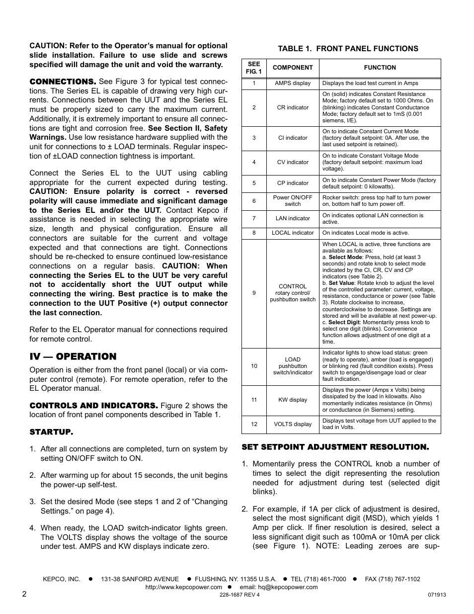Connections, Iv — operation, Controls and indicators | Startup, Table 1. front panel functions, Set setpoint adjustment resolution | KEPCO EL Series Quick Start Guide (Firmware Version 4.00 and higher) User Manual | Page 2 / 4