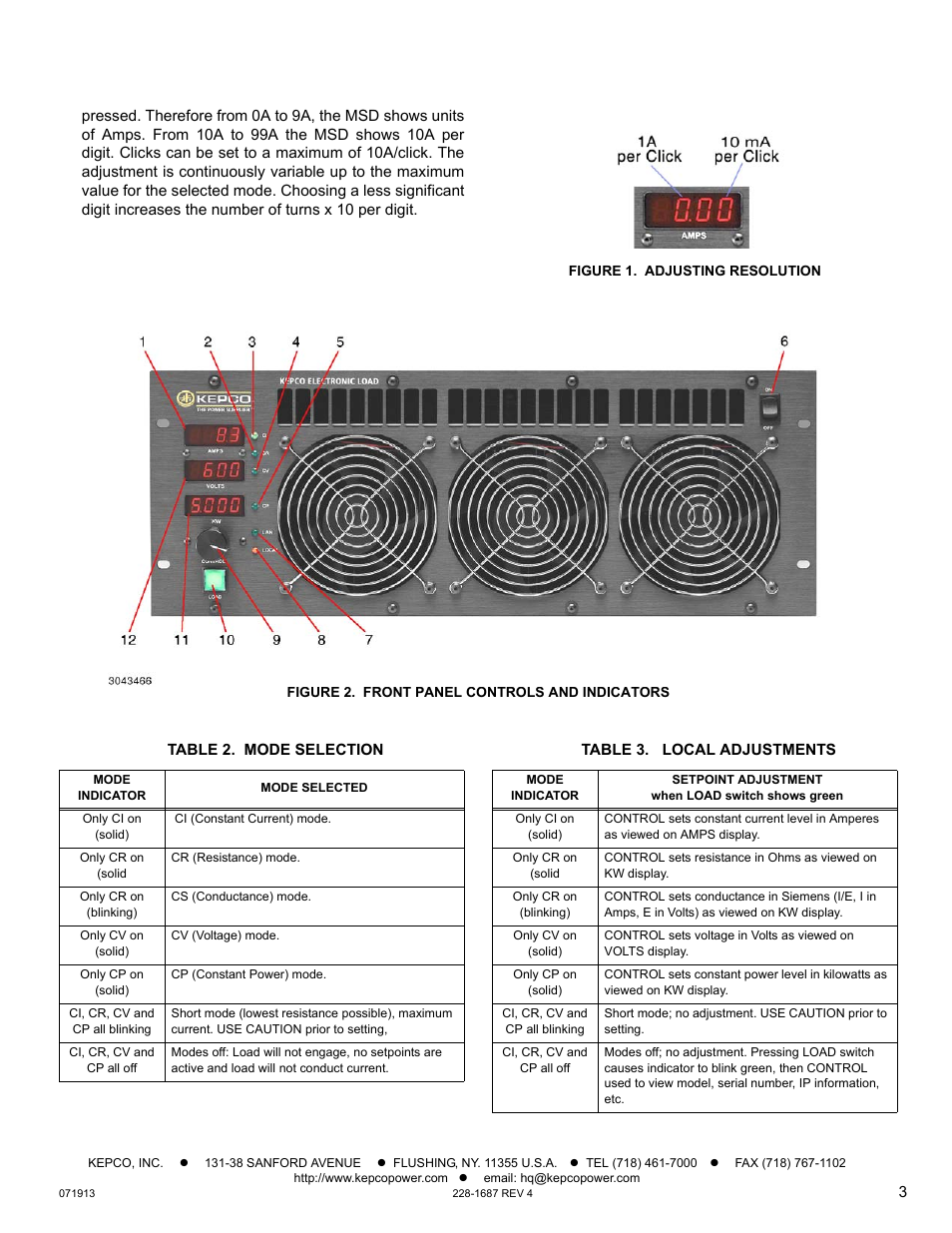 Figure 1. adjusting resolution, Figure 2. front panel controls and indicators, Table 2. mode selection | Table 3. local adjustments, Figure 2 show | KEPCO EL Series Quick Start Guide (Firmware Version 4.00 and higher) User Manual | Page 3 / 4