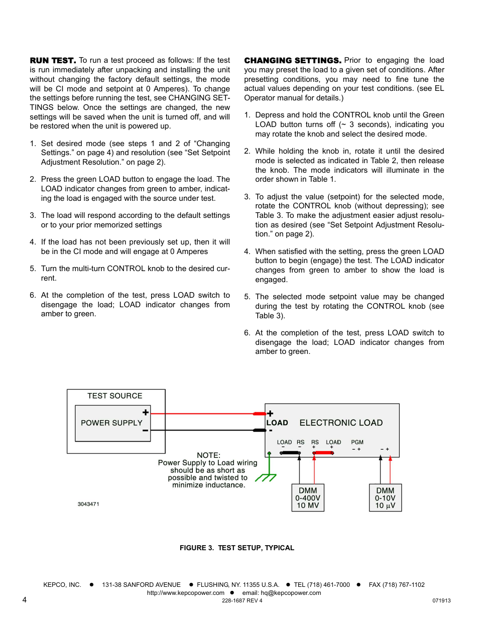 Run test, Changing settings, Figure 3. test setup, typical | Of “changing | KEPCO EL Series Quick Start Guide (Firmware Version 4.00 and higher) User Manual | Page 4 / 4