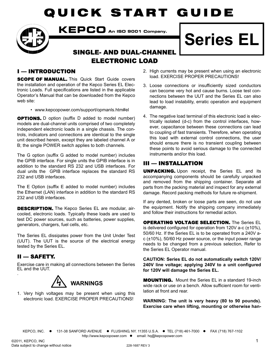 KEPCO EL Series Quick Start Guide (Firmware Version 3.63 to 3.xx) User Manual | 4 pages