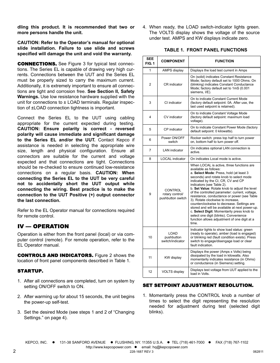 Connections, Iv — operation, Controls and indicators | Startup, Table 1. front panel functions, Set setpoint adjustment resolution | KEPCO EL Series Quick Start Guide (Firmware Version 3.63 to 3.xx) User Manual | Page 2 / 4