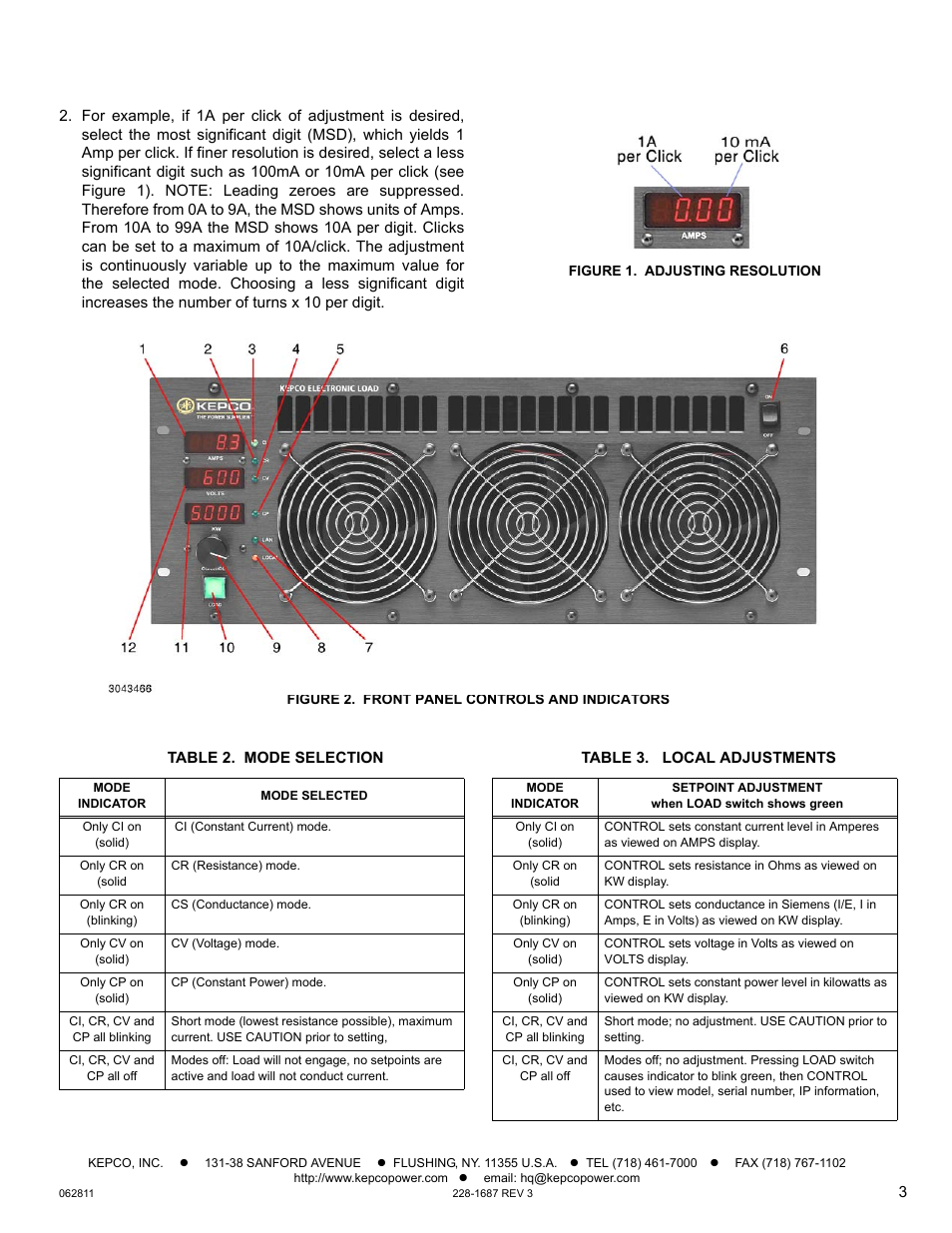Figure 1. adjusting resolution, Figure 2. front panel controls and indicators, Table 2. mode selection | Table 3. local adjustments, Figure 2 show | KEPCO EL Series Quick Start Guide (Firmware Version 3.63 to 3.xx) User Manual | Page 3 / 4