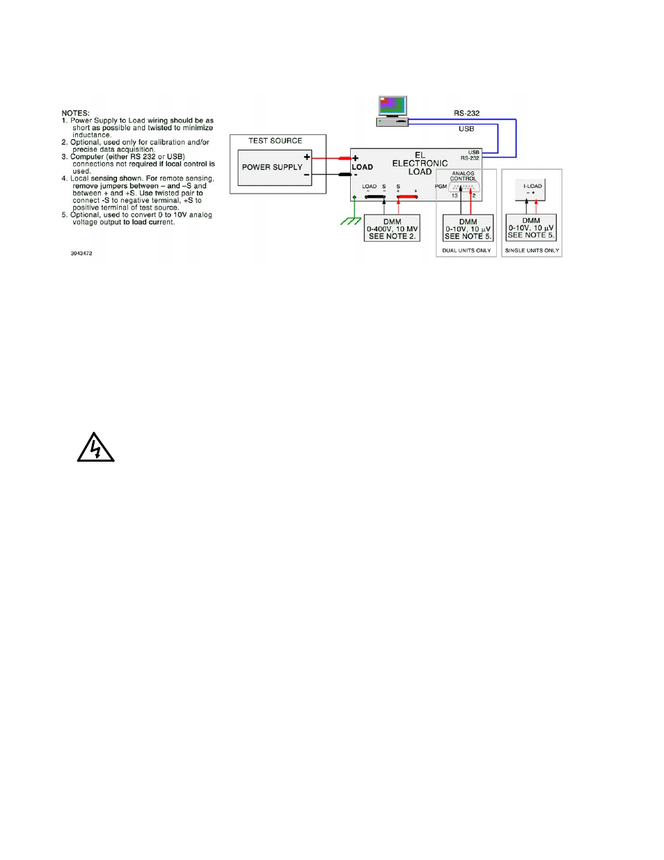 Figure 2-6. typical interconnections, 1 mains power, 2 unit under test (uut) to load connection | 1 power connections, Mains power -8, Unit under test (uut) to load connection -8, Power connections -8, Typical interconnections -8, E 2-6), 6 illus | KEPCO EL Series Electronic Load Operator Manual P/N 243-1295 Firmware Version 4.00 to 4.xx User Manual | Page 26 / 92