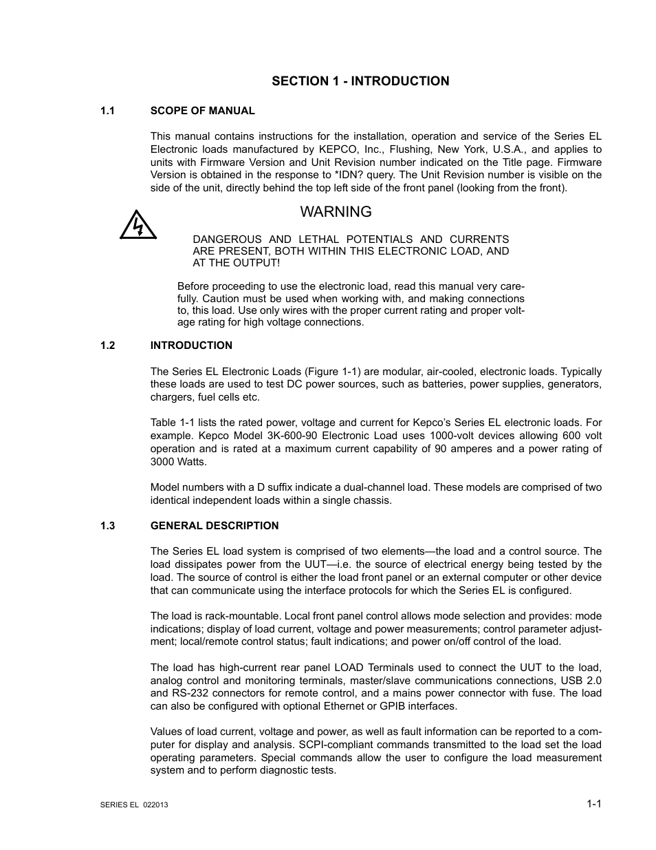 Section 1 - introduction, 1 scope of manual, 2 introduction | 3 general description, Scope of manual -1, Introduction -1, General description -1, Warning | KEPCO EL Series Electronic Load Operator Manual P/N 243-1295 Firmware Version 3.87 to 3.xx User Manual | Page 11 / 86