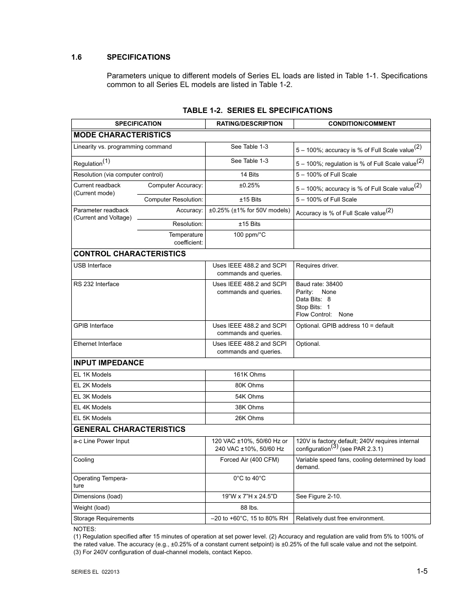 6 specifications, Table 1-2. series el specifications, Specifications -5 | Series el specifications -5 | KEPCO EL Series Electronic Load Operator Manual P/N 243-1295 Firmware Version 3.87 to 3.xx User Manual | Page 15 / 86