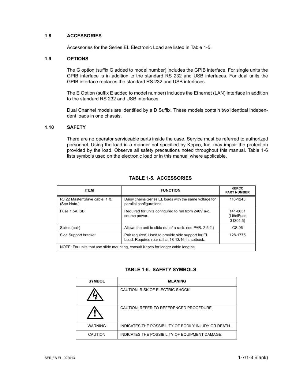 8 accessories, 9 options, 10 safety | Table 1-5. accessories, Table 1-6. safety symbols, Accessories -7, Options -7, Safety -7, Safety symbols -7 | KEPCO EL Series Electronic Load Operator Manual P/N 243-1295 Firmware Version 3.87 to 3.xx User Manual | Page 17 / 86
