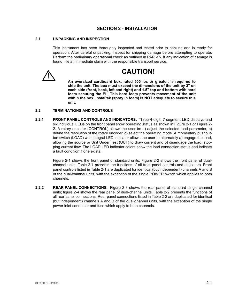 Section 2 - installation, 1 unpacking and inspection, 2 terminations and controls | 1 front panel controls and indicators, 2 rear panel connections, Unpacking and inspection -1, Terminations and controls -1, Front panel controls and indicators -1, Rear panel connections -1, Caution | KEPCO EL Series Electronic Load Operator Manual P/N 243-1295 Firmware Version 3.87 to 3.xx User Manual | Page 19 / 86