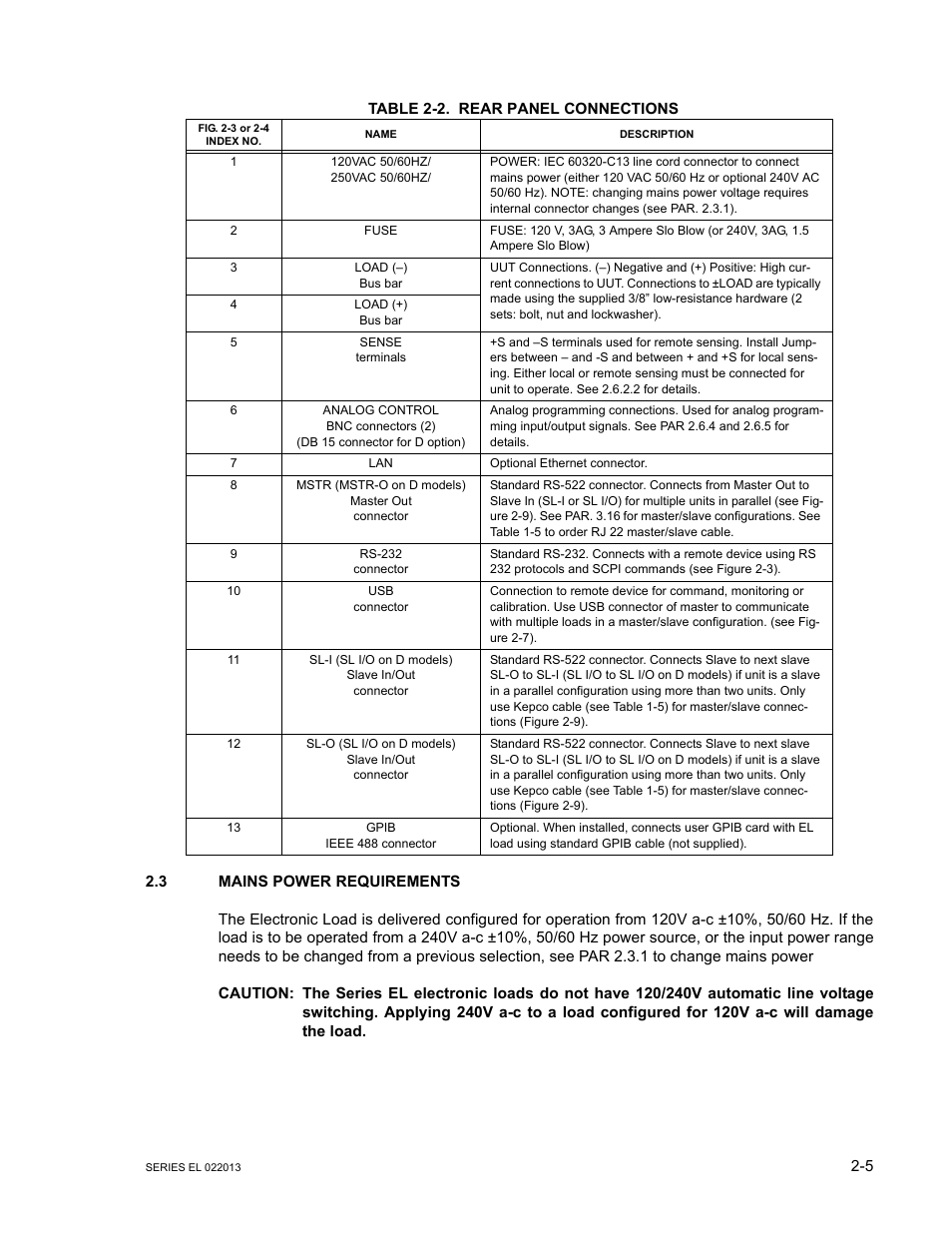 Table 2-2. rear panel connections, 3 mains power requirements, Mains power requirements -5 | Rear panel connections -5, E 2-2 pr | KEPCO EL Series Electronic Load Operator Manual P/N 243-1295 Firmware Version 3.87 to 3.xx User Manual | Page 23 / 86