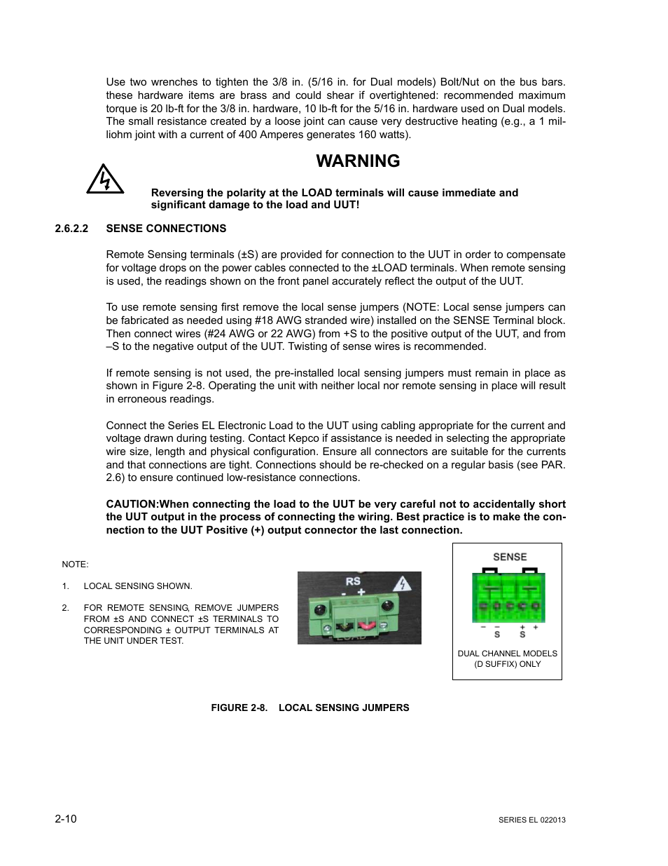 2 sense connections, Figure 2-8. local sensing jumpers, Sense connections -10 | Local sensing jumpers -10, Erate. see 2.6.2.2 for, Warning | KEPCO EL Series Electronic Load Operator Manual P/N 243-1295 Firmware Version 3.87 to 3.xx User Manual | Page 28 / 86