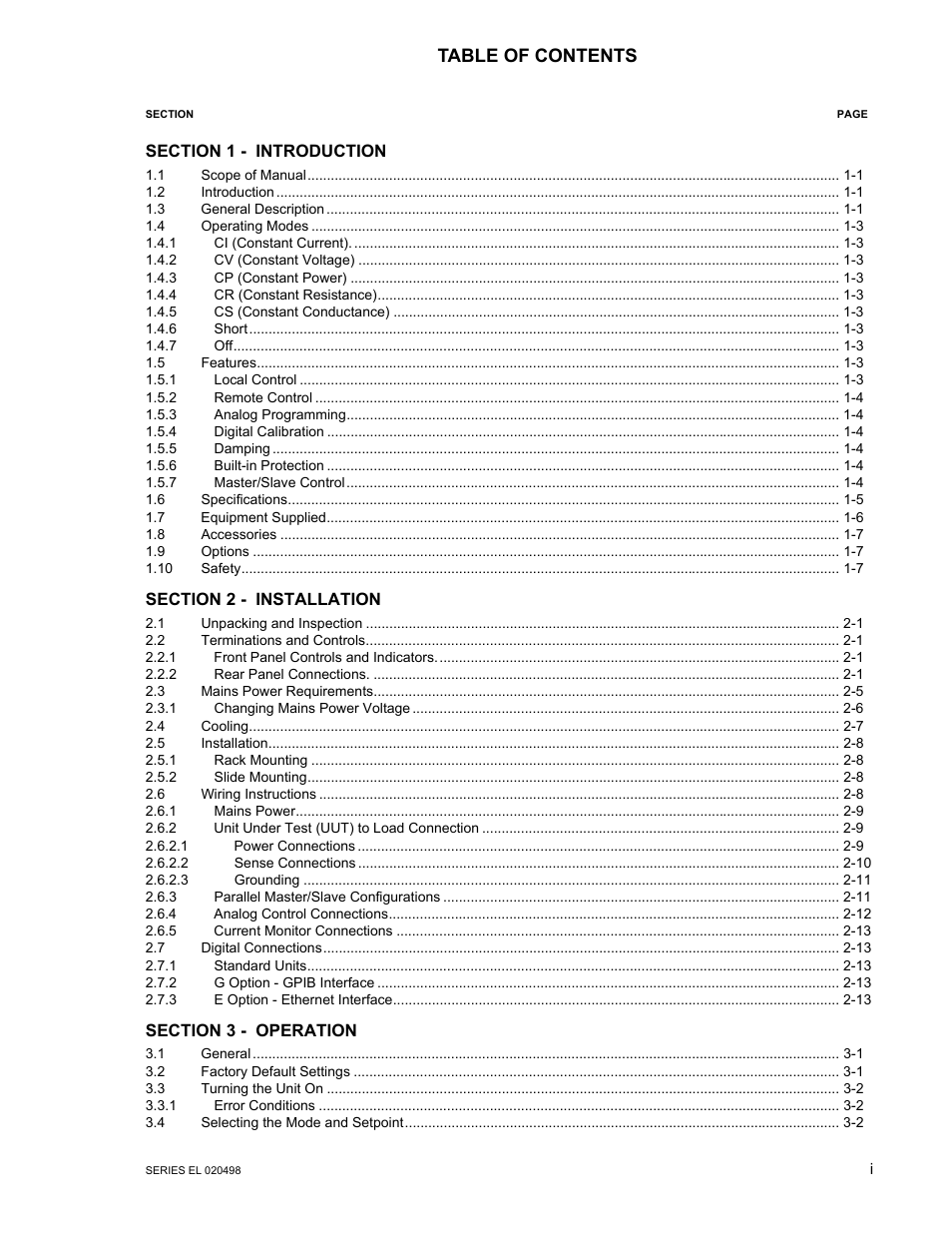 KEPCO EL Series Electronic Load Operator Manual P/N 243-1295 Firmware Version 3.87 to 3.xx User Manual | Page 3 / 86