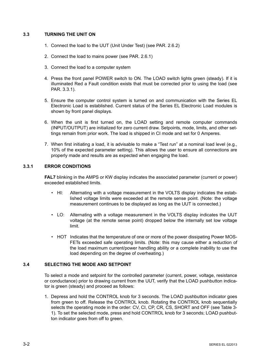 3 turning the unit on, 1 error conditions, 4 selecting the mode and setpoint | Turning the unit on -2, Error conditions -2, Selecting the mode and setpoint -2, R.3.3.1) | KEPCO EL Series Electronic Load Operator Manual P/N 243-1295 Firmware Version 3.87 to 3.xx User Manual | Page 38 / 86