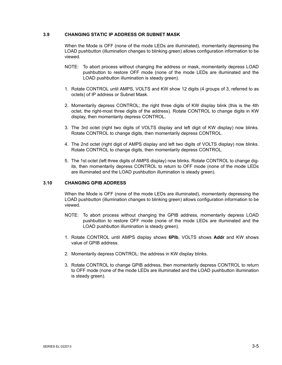 9 changing static ip address or subnet mask, 10 changing gpib address, Changing static ip address or subnet mask -5 | Changing gpib address -5, R. 3.9, R. 3.10. gpib | KEPCO EL Series Electronic Load Operator Manual P/N 243-1295 Firmware Version 3.87 to 3.xx User Manual | Page 41 / 86