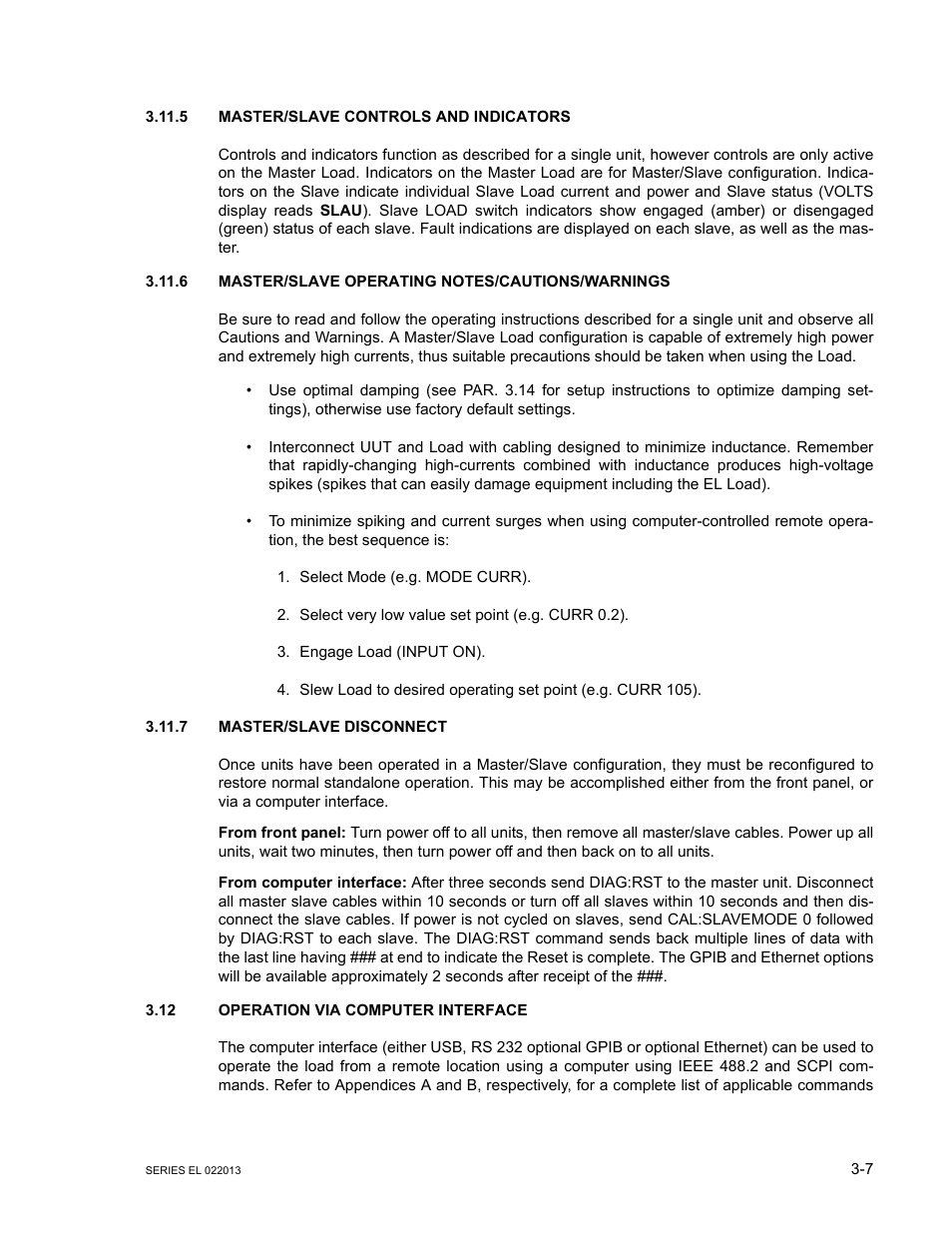 5 master/slave controls and indicators, 6 master/slave operating notes/cautions/warnings, 7 master/slave disconnect | 12 operation via computer interface, Master/slave controls and indicators -7, Master/slave operating notes/cautions/warnings -7, Master/slave disconnect -7, Operation via computer interface -7 | KEPCO EL Series Electronic Load Operator Manual P/N 243-1295 Firmware Version 3.87 to 3.xx User Manual | Page 43 / 86