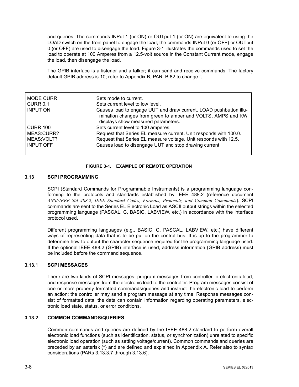 Figure 3-1. example of remote operation, 13 scpi programming, 1 scpi messages | 2 common commands/queries, Scpi programming -8, Scpi messages -8, Common commands/queries -8, Example of remote operation -8 | KEPCO EL Series Electronic Load Operator Manual P/N 243-1295 Firmware Version 3.87 to 3.xx User Manual | Page 44 / 86