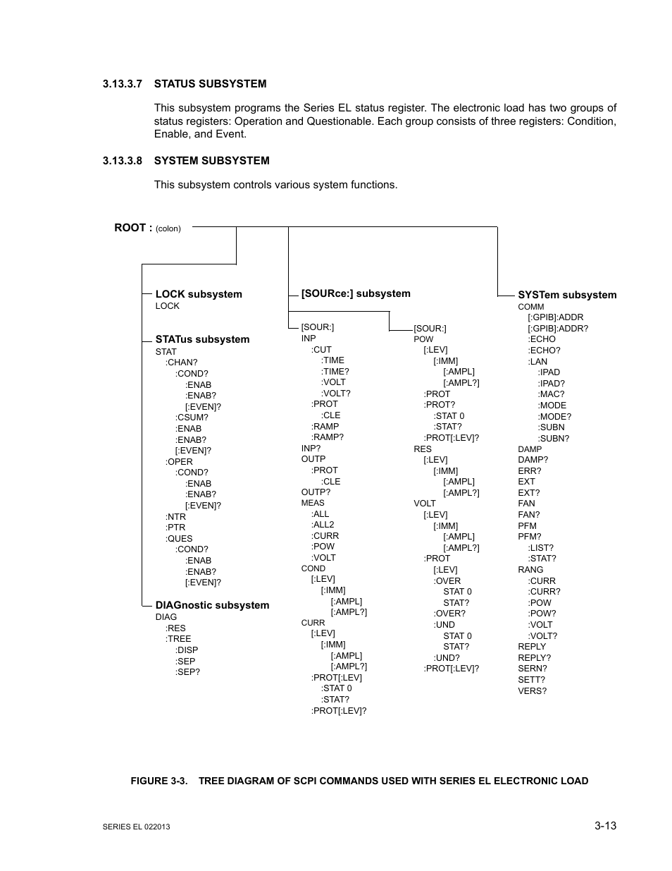 7 status subsystem, 8 system subsystem, Status subsystem -13 | System subsystem -13, Ars 3.13.3.7 | KEPCO EL Series Electronic Load Operator Manual P/N 243-1295 Firmware Version 3.87 to 3.xx User Manual | Page 49 / 86