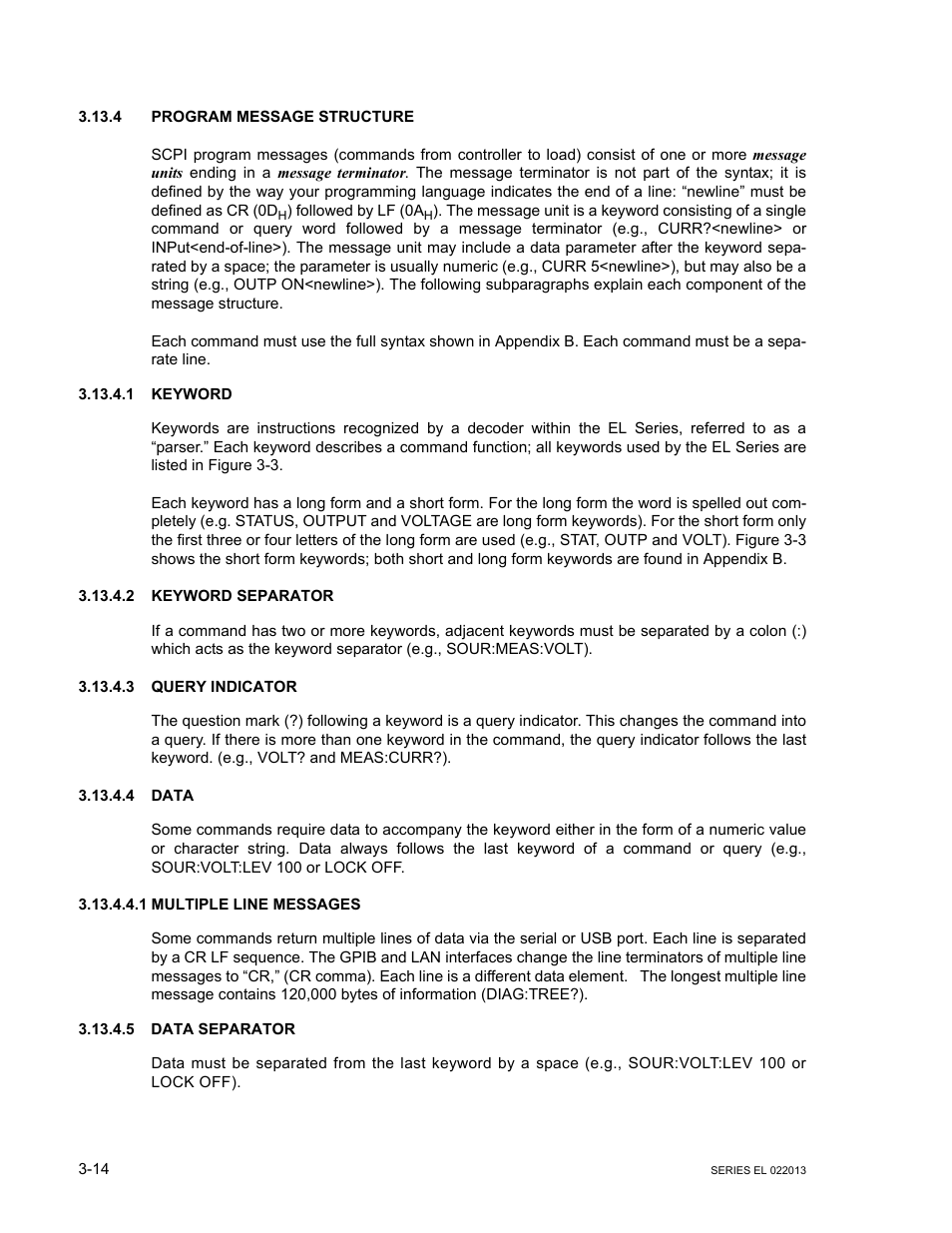 4 program message structure, 1 keyword, 2 keyword separator | 3 query indicator, 4 data, 1 multiple line messages, 5 data separator, Program message structure -14, Keyword -14, Keyword separator -14 | KEPCO EL Series Electronic Load Operator Manual P/N 243-1295 Firmware Version 3.87 to 3.xx User Manual | Page 50 / 86