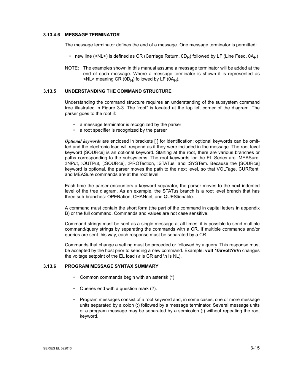 6 message terminator, 5 understanding the command structure, 6 program message syntax summary | Message terminator -15, Understanding the command structure -15, Program message syntax summary -15, Gh 3.13.6) | KEPCO EL Series Electronic Load Operator Manual P/N 243-1295 Firmware Version 3.87 to 3.xx User Manual | Page 51 / 86