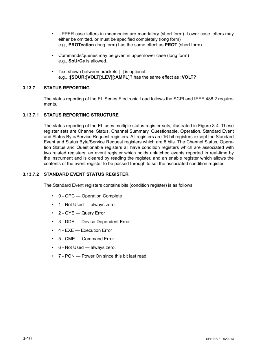 7 status reporting, 1 status reporting structure, 2 standard event status register | Status reporting -16, Status reporting structure -16, Standard event status register -16 | KEPCO EL Series Electronic Load Operator Manual P/N 243-1295 Firmware Version 3.87 to 3.xx User Manual | Page 52 / 86