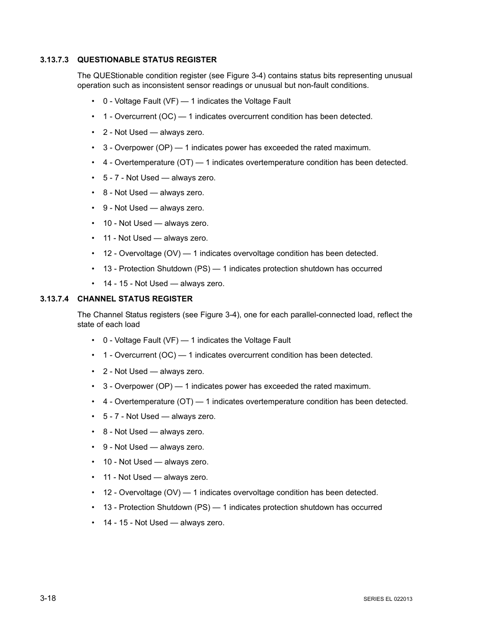 3 questionable status register, 4 channel status register, Questionable status register -18 | Channel status register -18 | KEPCO EL Series Electronic Load Operator Manual P/N 243-1295 Firmware Version 3.87 to 3.xx User Manual | Page 54 / 86