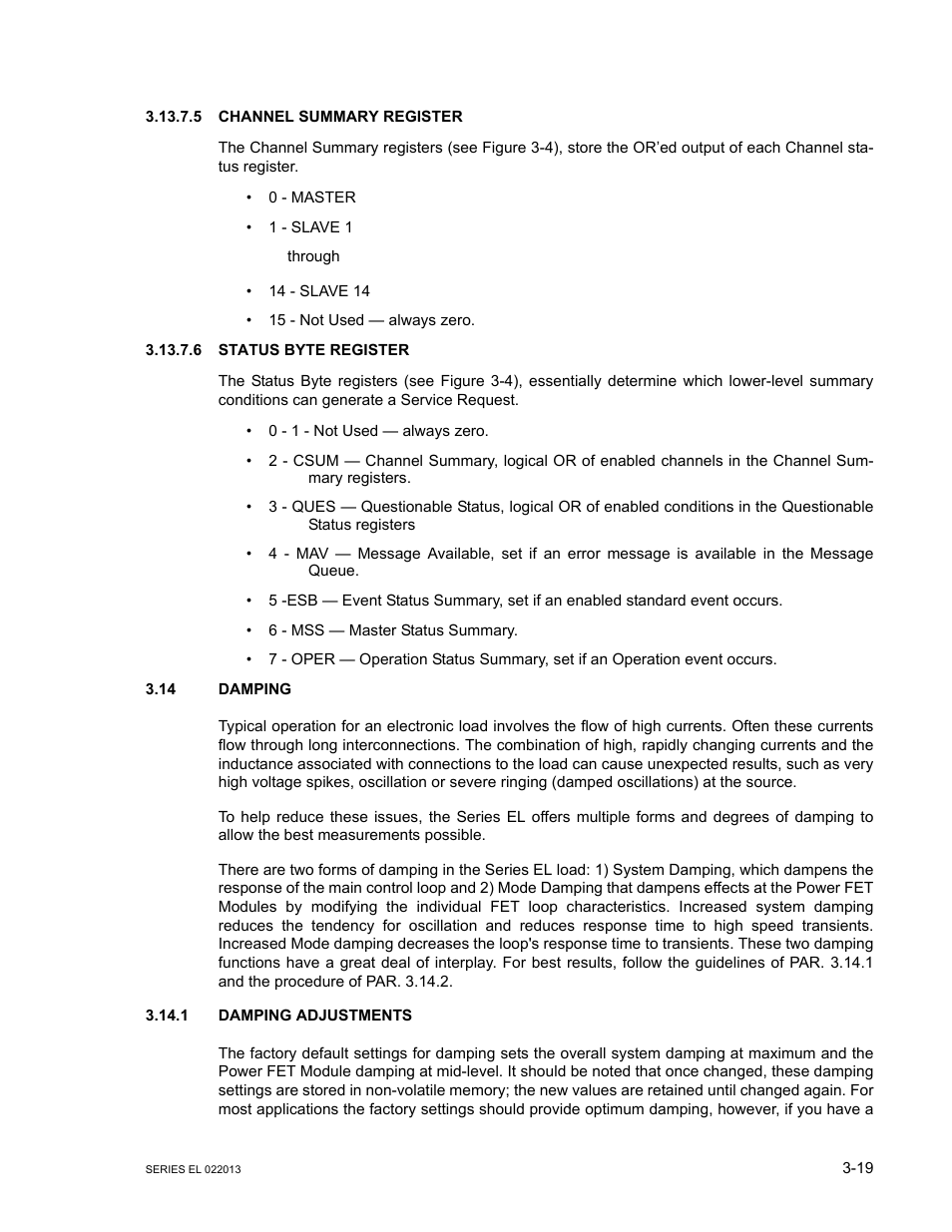 5 channel summary register, 6 status byte register, 14 damping | 1 damping adjustments, Channel summary register -19, Status byte register -19, Damping -19, Damping adjustments -19 | KEPCO EL Series Electronic Load Operator Manual P/N 243-1295 Firmware Version 3.87 to 3.xx User Manual | Page 55 / 86