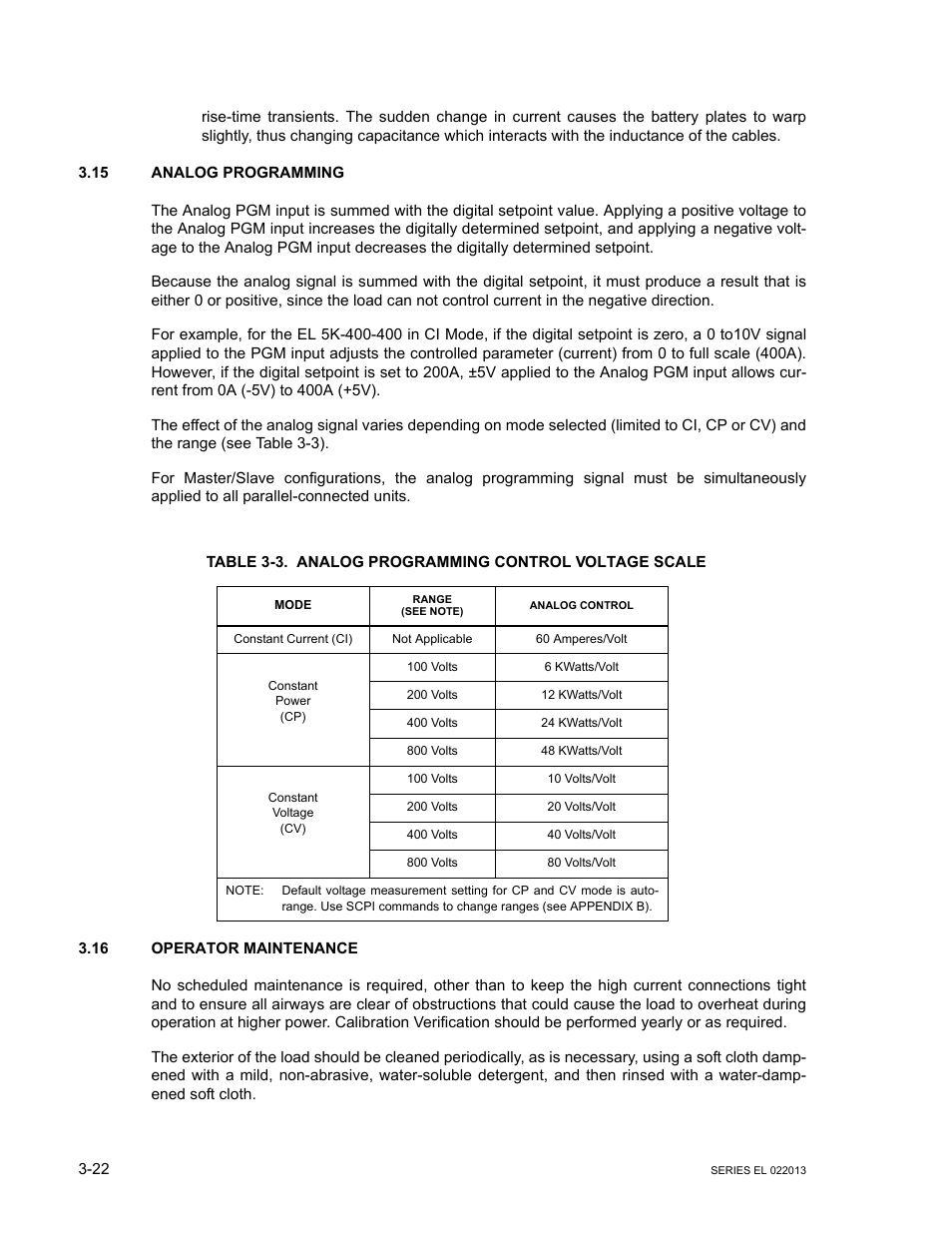 15 analog programming, 16 operator maintenance, Analog programming -22 | Operator maintenance -22, Analog programming control voltage scale -22, 16 f | KEPCO EL Series Electronic Load Operator Manual P/N 243-1295 Firmware Version 3.87 to 3.xx User Manual | Page 58 / 86