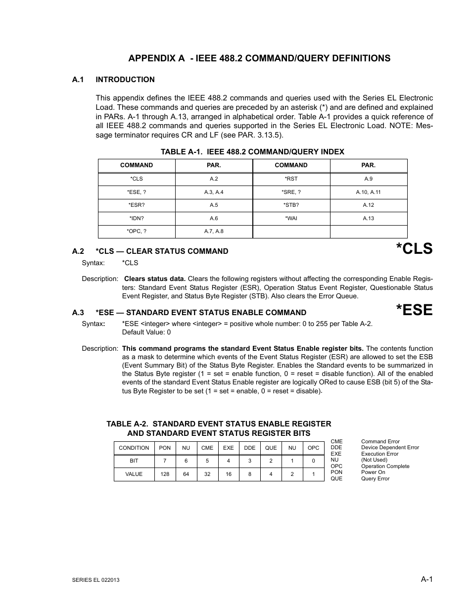Appendix a - ieee 488.2 command/query definitions, Table a-1. ieee 488.2 command/query index, A.2 *cls — clear status command | A.3 *ese — standard event status enable command | KEPCO EL Series Electronic Load Operator Manual P/N 243-1295 Firmware Version 3.87 to 3.xx User Manual | Page 59 / 86