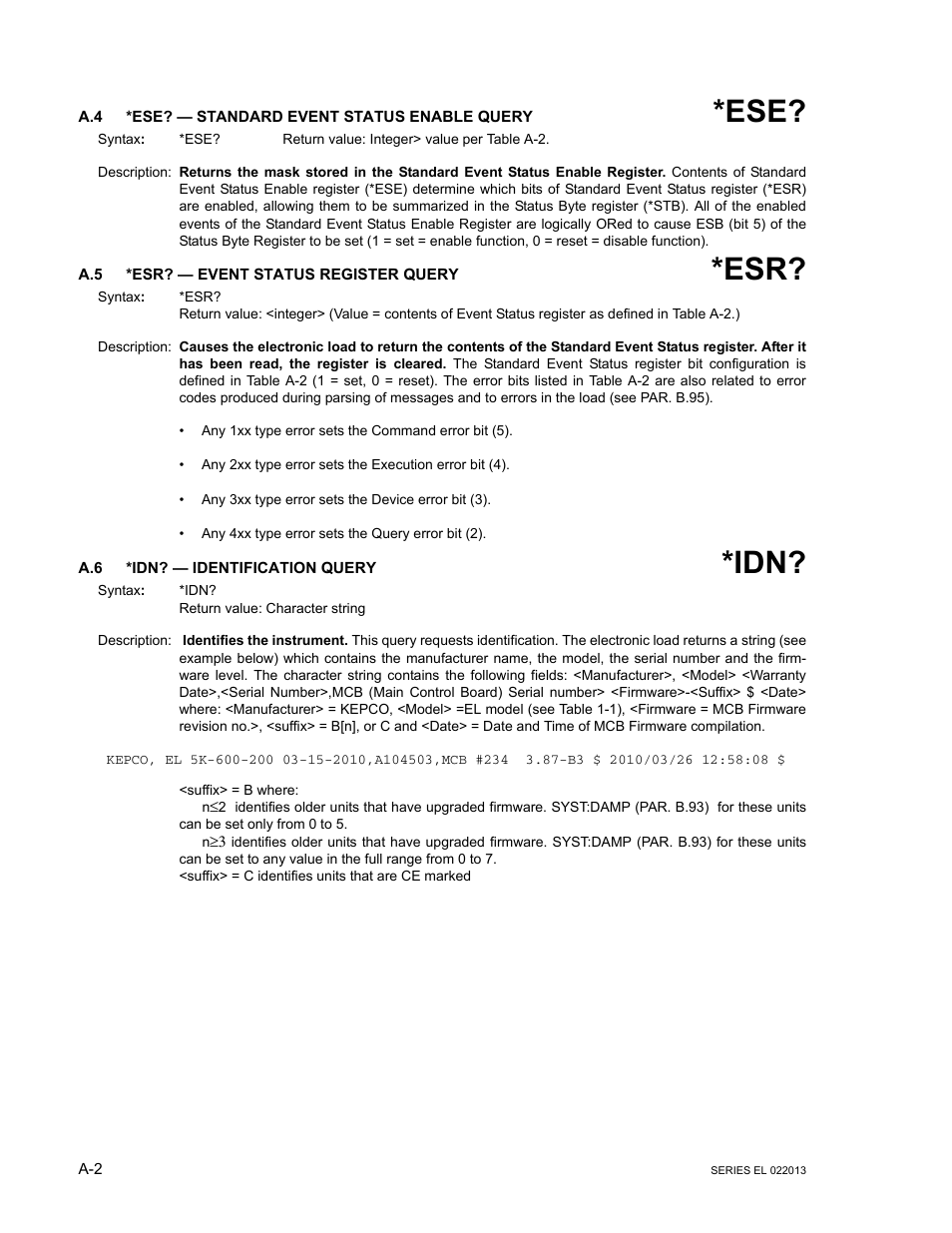 A.4 *ese? — standard event status enable query, A.5 *esr? — event status register query, A.6 *idn? — identification query | KEPCO EL Series Electronic Load Operator Manual P/N 243-1295 Firmware Version 3.87 to 3.xx User Manual | Page 60 / 86