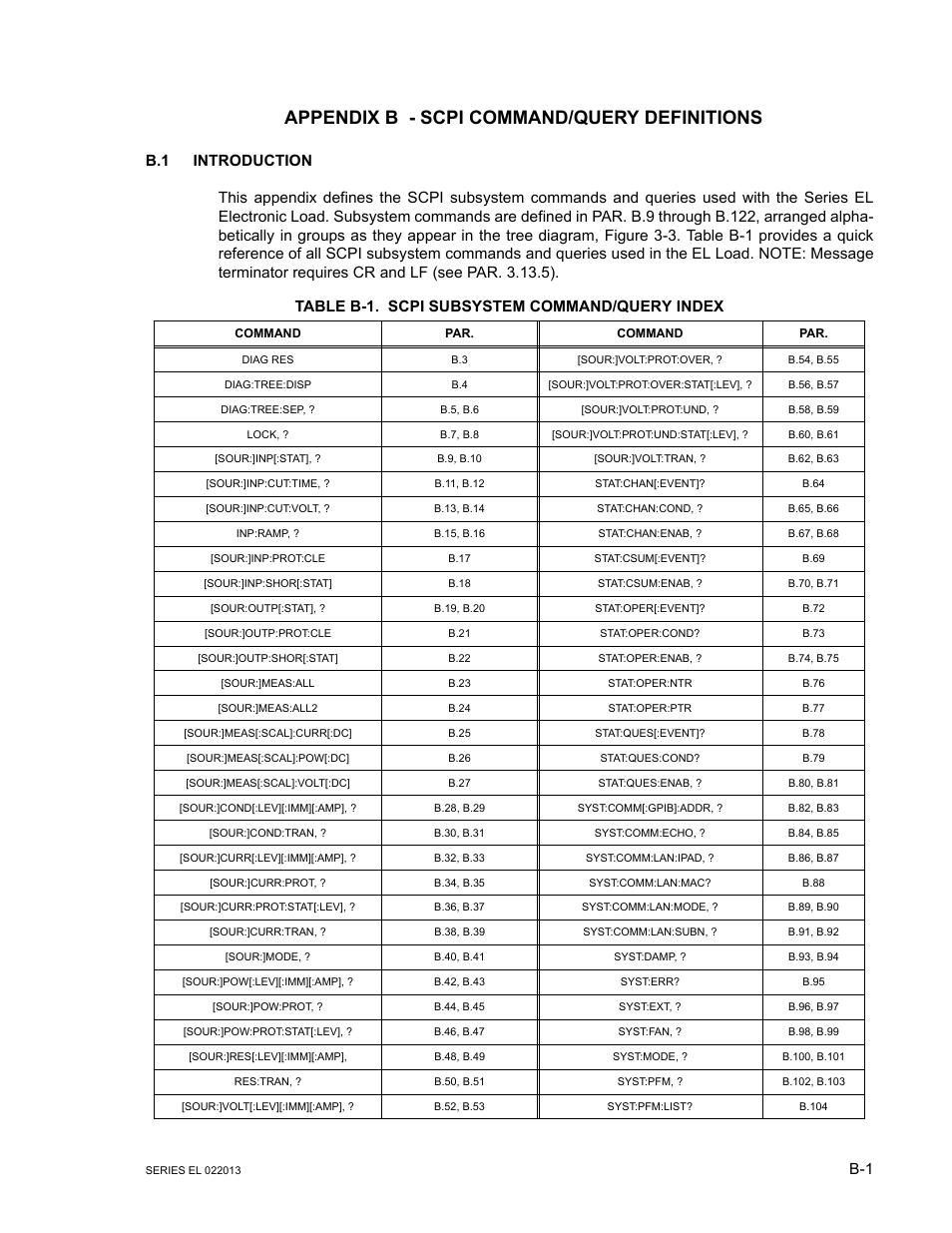 Appendix b - scpi command/query definitions, B.1 introduction, Table b-1. scpi subsystem command/query index | KEPCO EL Series Electronic Load Operator Manual P/N 243-1295 Firmware Version 3.87 to 3.xx User Manual | Page 63 / 86