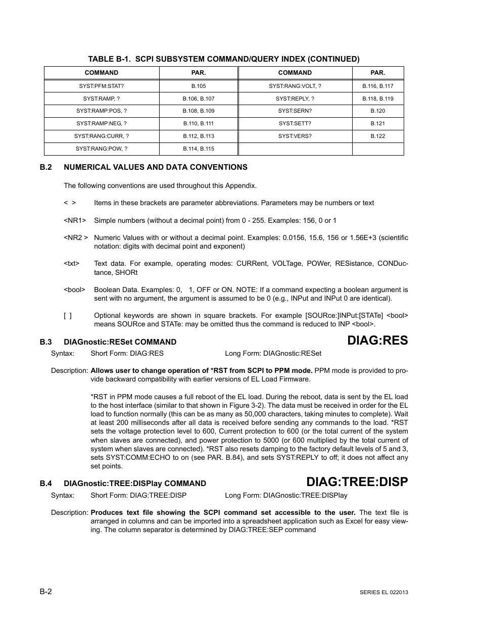 B.2 numerical values and data conventions, B.3 diagnostic:reset command, B.4 diagnostic:tree:display command | Diag, Diag:res, Diag:tree:disp | KEPCO EL Series Electronic Load Operator Manual P/N 243-1295 Firmware Version 3.87 to 3.xx User Manual | Page 64 / 86
