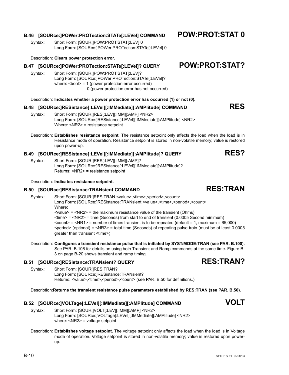 B.50 [source:]resistance:transient command, B.51 [source:]resistance:transient? query, B.46 | Source, B.47, B.48, B.49, B.50, B.51, B.52 | KEPCO EL Series Electronic Load Operator Manual P/N 243-1295 Firmware Version 3.87 to 3.xx User Manual | Page 72 / 86