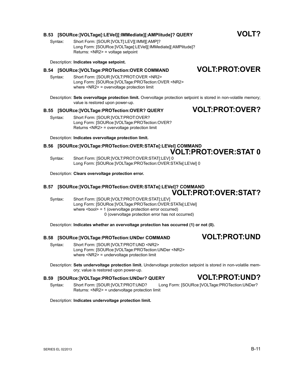 B.54 [source:]voltage:protection:over command, B.55 [source:]voltage:protection:over? query, B.58 [source:]voltage:protection:under command | B.59 [source:]voltage:protection:under? query, B.53, Source, B.54, B.55, B.56, B.57 | KEPCO EL Series Electronic Load Operator Manual P/N 243-1295 Firmware Version 3.87 to 3.xx User Manual | Page 73 / 86
