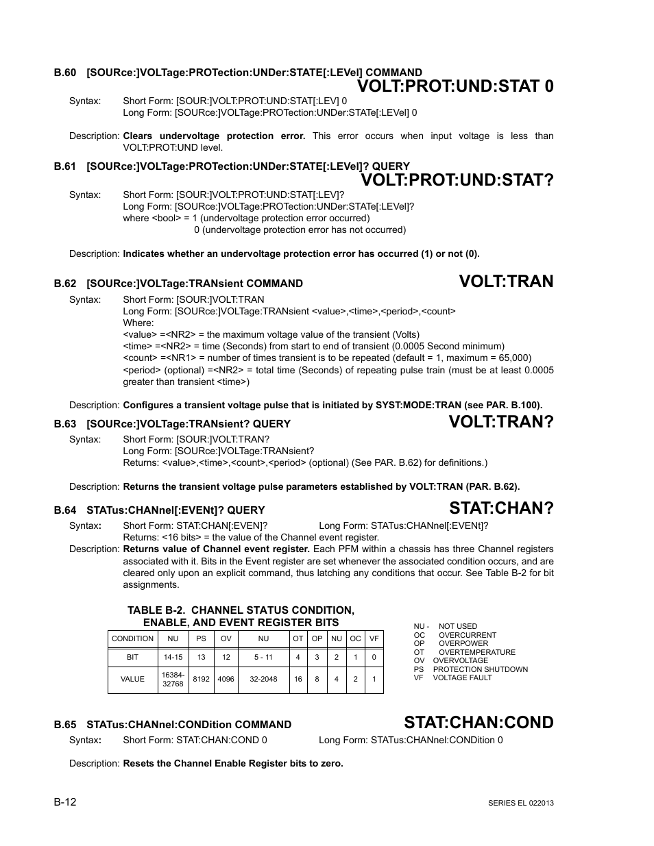 B.62 [source:]voltage:transient command, B.63 [source:]voltage:transient? query, B.64 status:channel[:event]? query | B.65 status:channel:condition command, B.60, Source, B.61, B.62, B.63, B.64 | KEPCO EL Series Electronic Load Operator Manual P/N 243-1295 Firmware Version 3.87 to 3.xx User Manual | Page 74 / 86