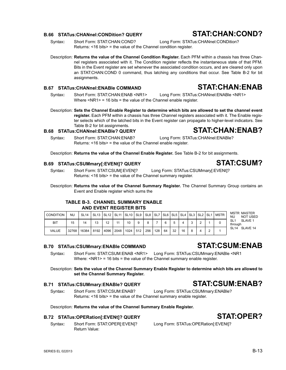 B.66 status:channel:condition? query, B.67 status:channel:enable command, B.68 status:channel:enable? query | B.69 status:csummary[:event]? query, B.70 status:csummary:enable command, B.71 status:csummary:enable? query, B.72 status:operation[:event]? query, B.66, Statu, B.67 | KEPCO EL Series Electronic Load Operator Manual P/N 243-1295 Firmware Version 3.87 to 3.xx User Manual | Page 75 / 86