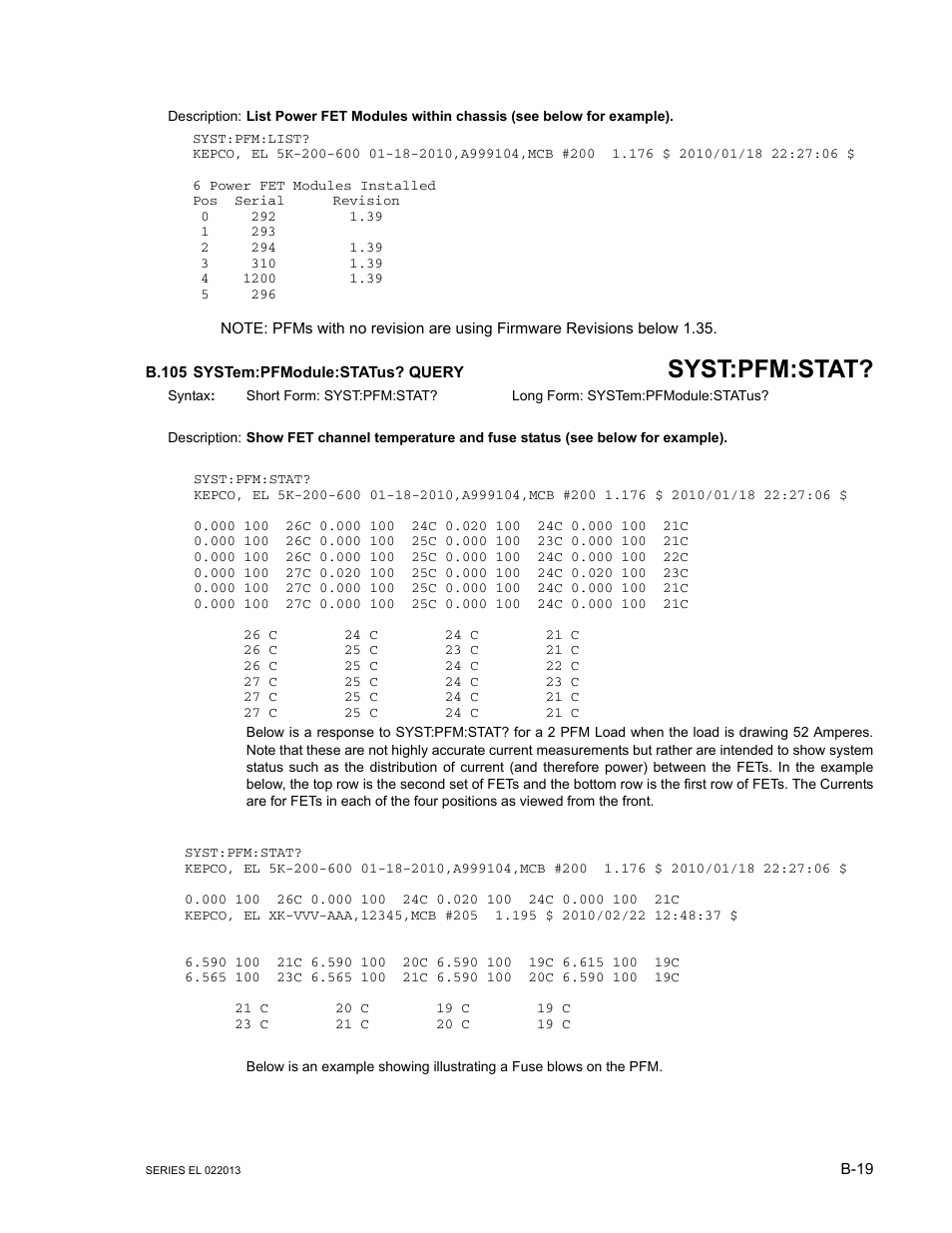B.105 system:pfmodule:status? query, B.105 system:pfmodul, B.105 | Syst:pfm:stat | KEPCO EL Series Electronic Load Operator Manual P/N 243-1295 Firmware Version 3.87 to 3.xx User Manual | Page 81 / 86