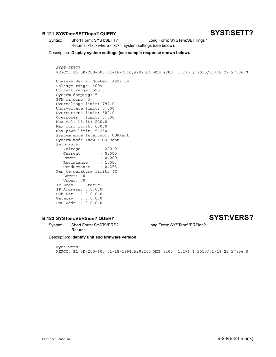 B.121 system:settings? query, B.122 system:version? query, B.121 system:sett | B.122 system:version? quer, B.122, B.121, Syst:sett, Syst:vers | KEPCO EL Series Electronic Load Operator Manual P/N 243-1295 Firmware Version 3.87 to 3.xx User Manual | Page 85 / 86