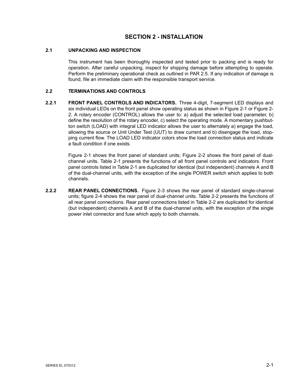 Section 2 - installation, 1 unpacking and inspection, 2 terminations and controls | 1 front panel controls and indicators, 2 rear panel connections, Unpacking and inspection -1, Terminations and controls -1, Front panel controls and indicators -1, Rear panel connections -1 | KEPCO EL Series Electronic Load Operator Manual P/N 243-1295 Firmware Version 3.63 through 3.86 User Manual | Page 19 / 80