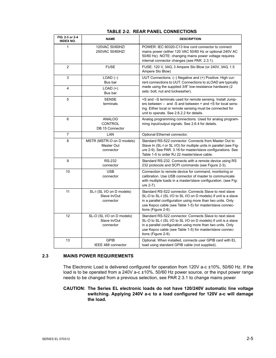 Table 2-2. rear panel connections, 3 mains power requirements, Mains power requirements -5 | Rear panel connections -5, E 2-2 pr | KEPCO EL Series Electronic Load Operator Manual P/N 243-1295 Firmware Version 3.63 through 3.86 User Manual | Page 23 / 80
