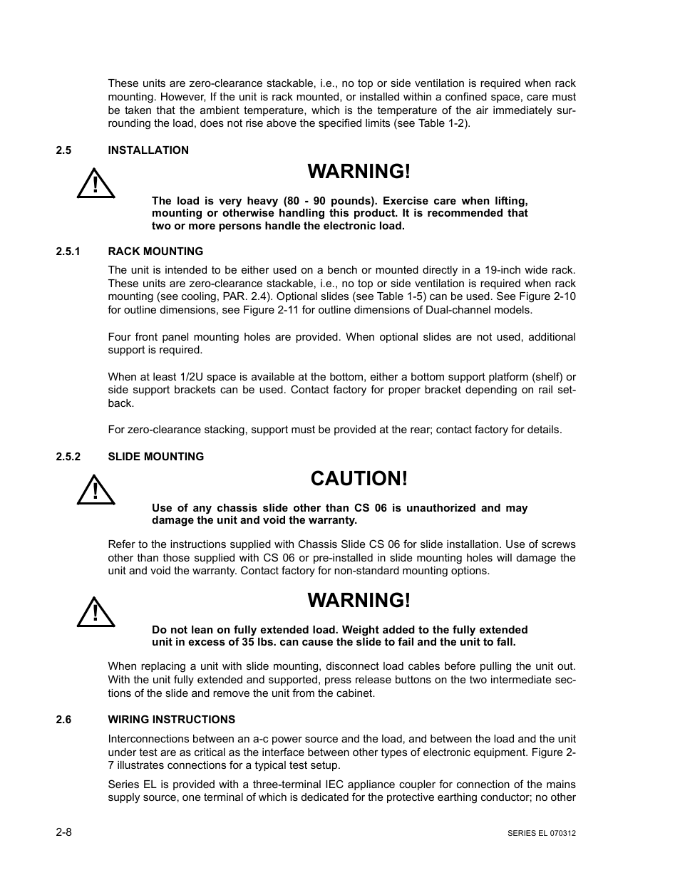 5 installation, 1 rack mounting, 2 slide mounting | 6 wiring instructions, Installation -8, Rack mounting -8, Slide mounting -8, Wiring instructions -8, Warning, Caution | KEPCO EL Series Electronic Load Operator Manual P/N 243-1295 Firmware Version 3.63 through 3.86 User Manual | Page 26 / 80