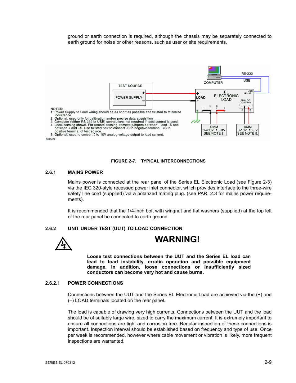 Figure 2-7. typical interconnections, 1 mains power, 2 unit under test (uut) to load connection | 1 power connections, Mains power -9, Unit under test (uut) to load connection -9, Power connections -9, Typical interconnections -9, E 2-7), 7 illus | KEPCO EL Series Electronic Load Operator Manual P/N 243-1295 Firmware Version 3.63 through 3.86 User Manual | Page 27 / 80