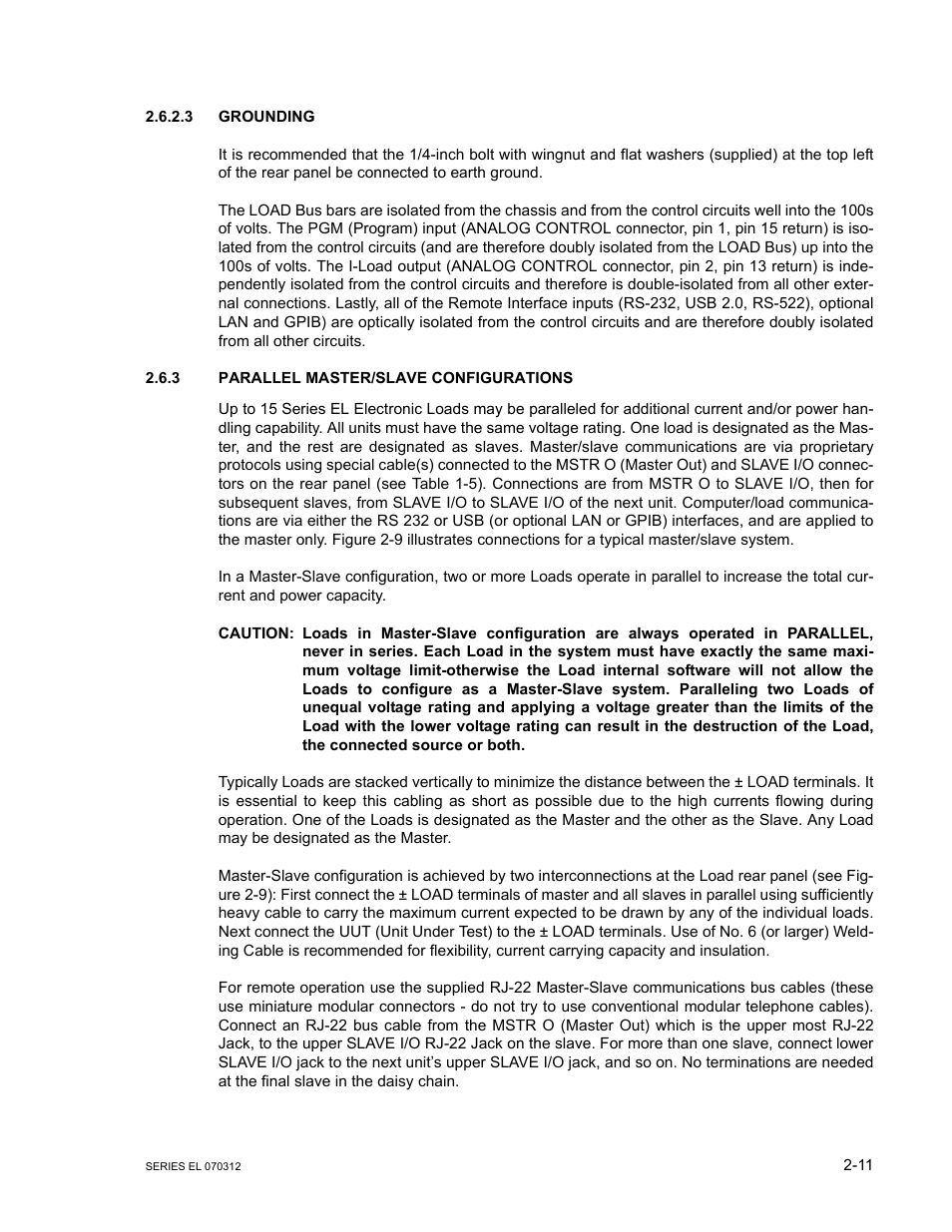 3 grounding, 3 parallel master/slave configurations, Grounding -11 | Parallel master/slave configurations -11 | KEPCO EL Series Electronic Load Operator Manual P/N 243-1295 Firmware Version 3.63 through 3.86 User Manual | Page 29 / 80