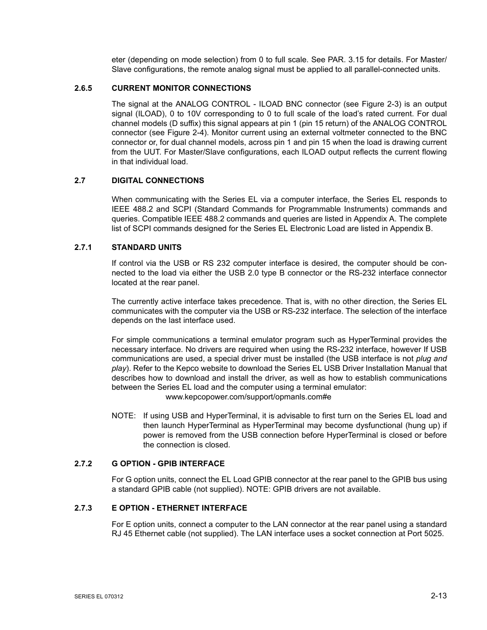 5 current monitor connections, 7 digital connections, 1 standard units | 2 g option - gpib interface, 3 e option - ethernet interface, Current monitor connections -13, Digital connections -13, Standard units -13, G option - gpib interface -13, E option - ethernet interface -13 | KEPCO EL Series Electronic Load Operator Manual P/N 243-1295 Firmware Version 3.63 through 3.86 User Manual | Page 31 / 80