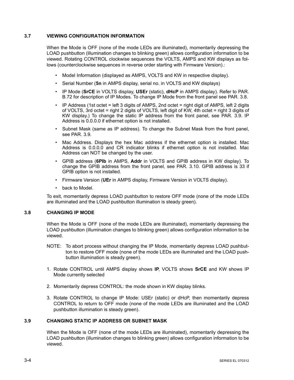 7 viewing configuration information, 8 changing ip mode, 9 changing static ip address or subnet mask | Viewing configuration information -4, Changing ip mode -4, Changing static ip address or subnet mask -4, R. 3.7) | KEPCO EL Series Electronic Load Operator Manual P/N 243-1295 Firmware Version 3.63 through 3.86 User Manual | Page 40 / 80