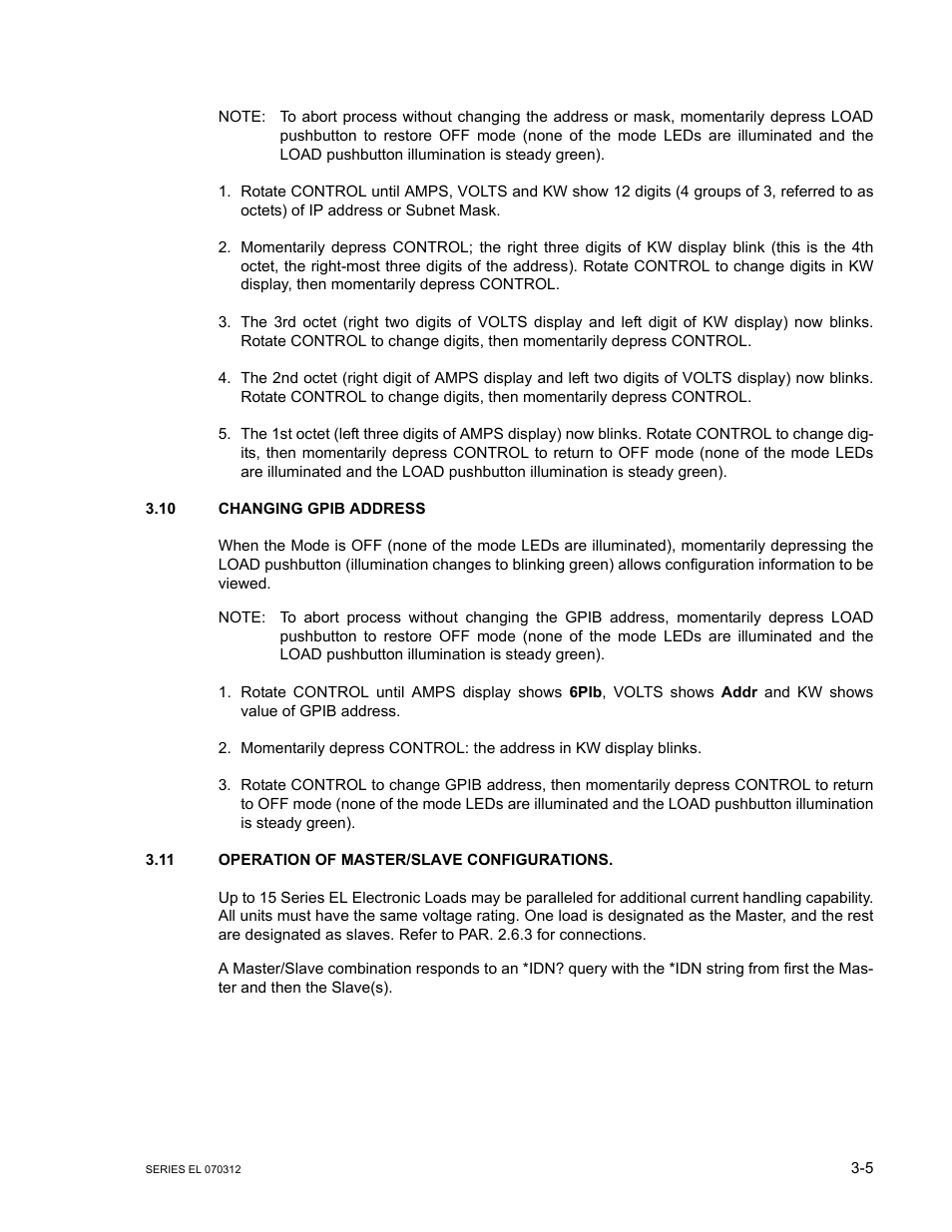 10 changing gpib address, 11 operation of master/slave configurations, Changing gpib address -5 | Operation of master/slave configurations -5, R. 3.10. gpib | KEPCO EL Series Electronic Load Operator Manual P/N 243-1295 Firmware Version 3.63 through 3.86 User Manual | Page 41 / 80