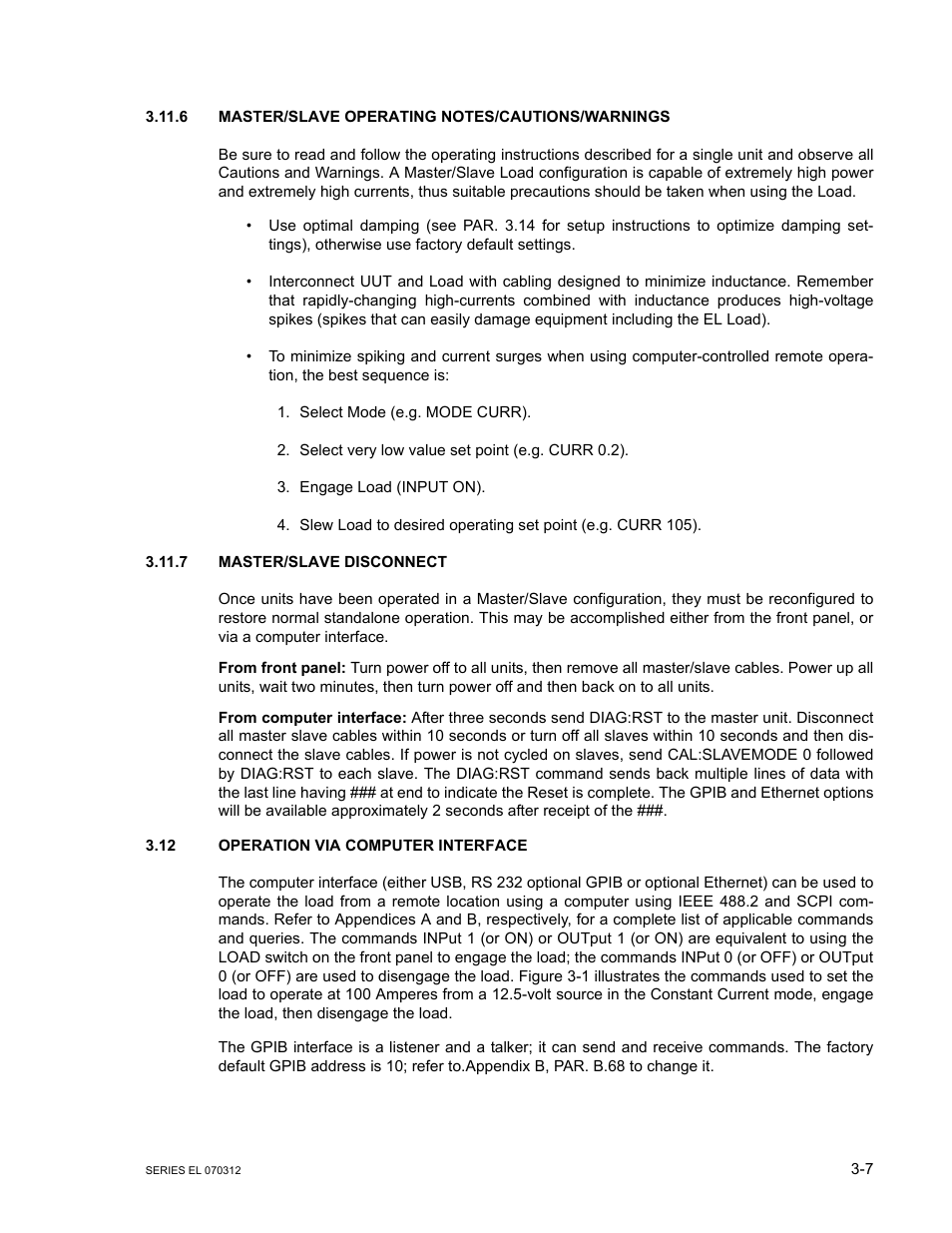 6 master/slave operating notes/cautions/warnings, 7 master/slave disconnect, 12 operation via computer interface | Master/slave operating notes/cautions/warnings -7, Master/slave disconnect -7, Operation via computer interface -7 | KEPCO EL Series Electronic Load Operator Manual P/N 243-1295 Firmware Version 3.63 through 3.86 User Manual | Page 43 / 80