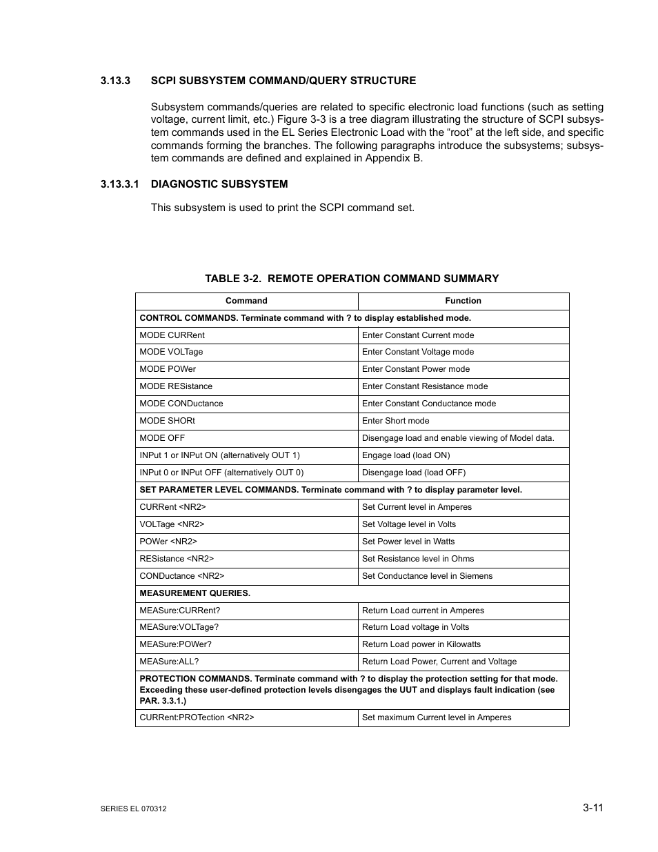 3 scpi subsystem command/query structure, 1 diagnostic subsystem, Table 3-2. remote operation command summary | Scpi subsystem command/query structure -11, Diagnostic subsystem -11, Remote operation command summary -11 | KEPCO EL Series Electronic Load Operator Manual P/N 243-1295 Firmware Version 3.63 through 3.86 User Manual | Page 47 / 80