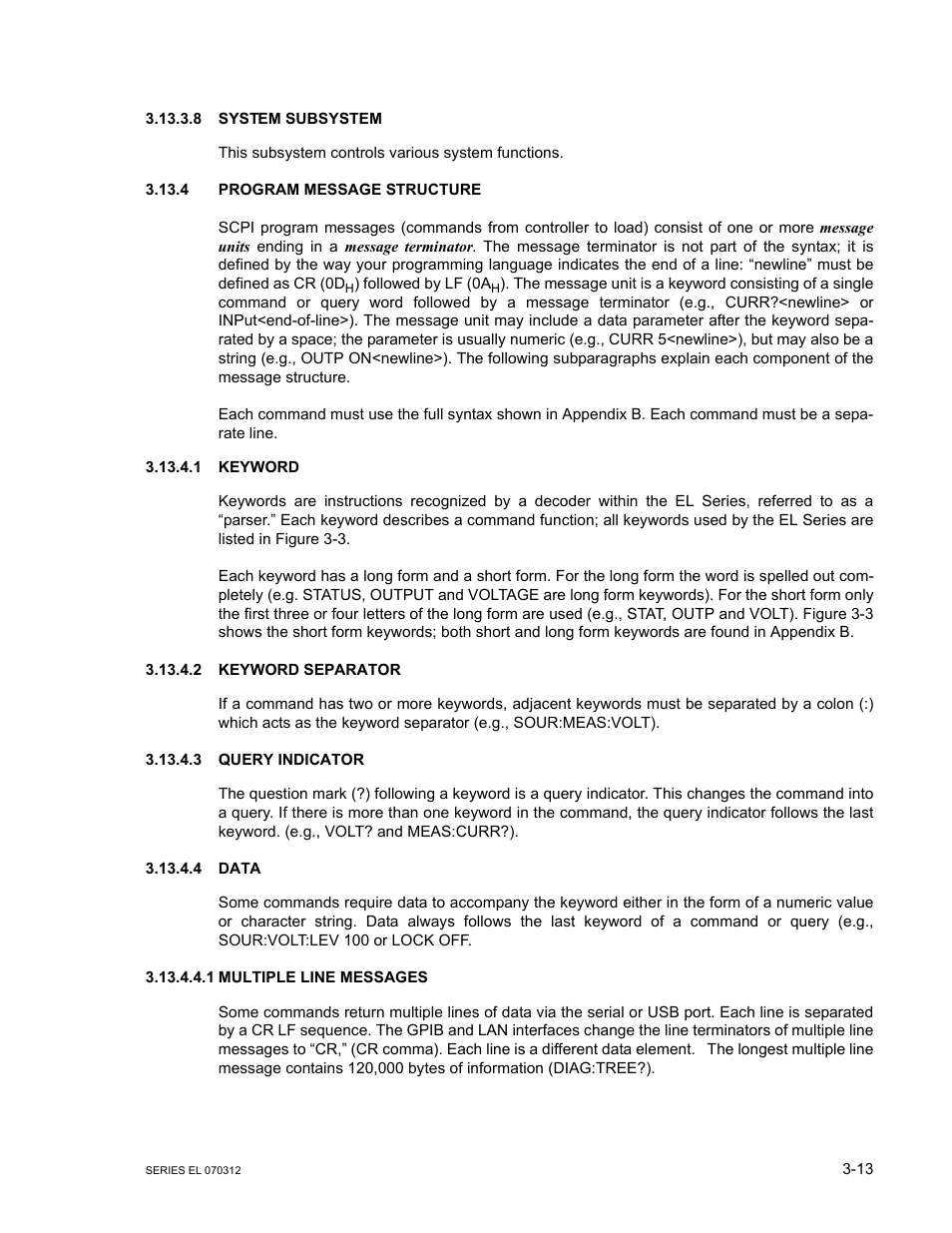 8 system subsystem, 4 program message structure, 1 keyword | 2 keyword separator, 3 query indicator, 4 data, 1 multiple line messages, System subsystem -13, Program message structure -13, Keyword -13 | KEPCO EL Series Electronic Load Operator Manual P/N 243-1295 Firmware Version 3.63 through 3.86 User Manual | Page 49 / 80