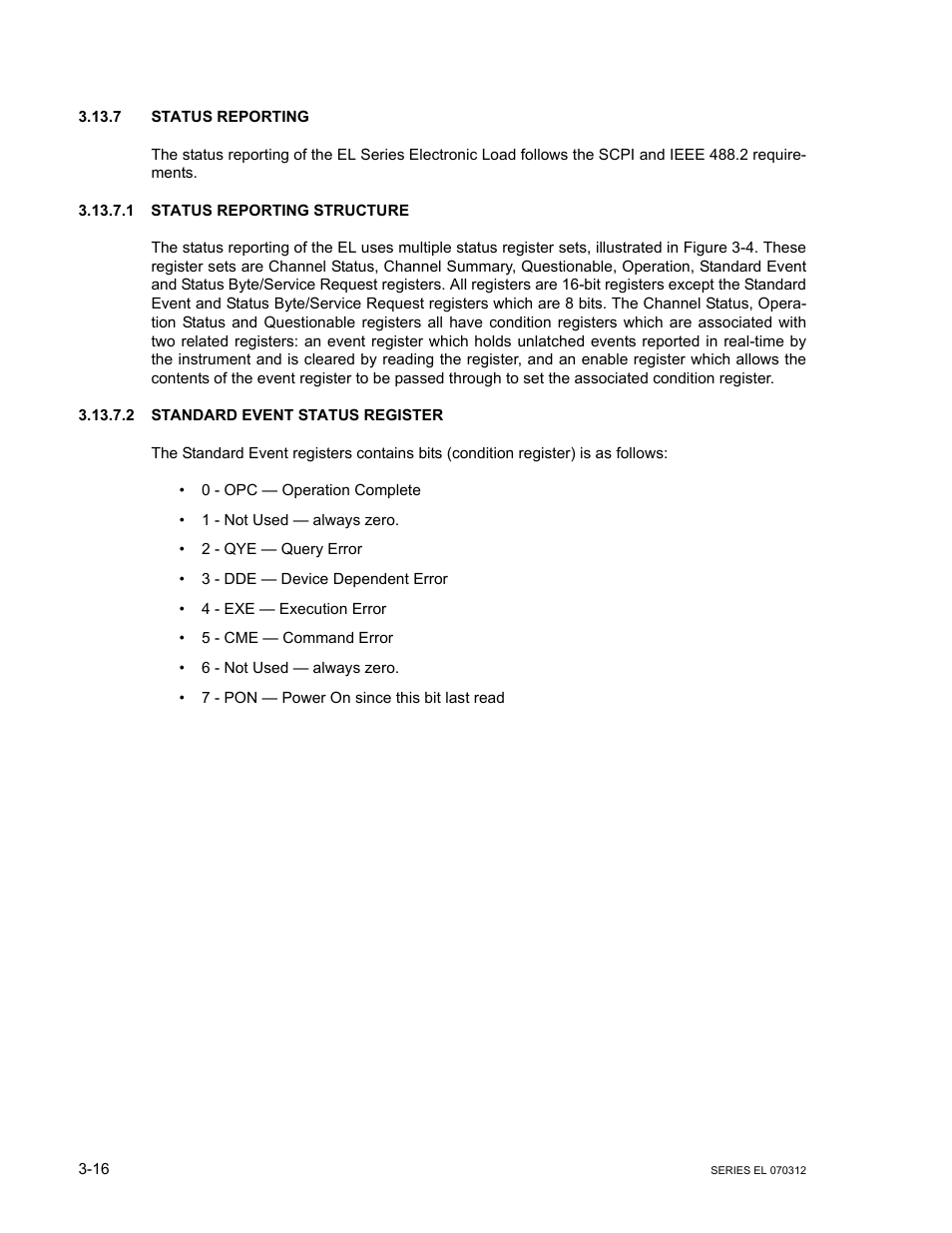 7 status reporting, 1 status reporting structure, 2 standard event status register | Status reporting -16, Status reporting structure -16, Standard event status register -16 | KEPCO EL Series Electronic Load Operator Manual P/N 243-1295 Firmware Version 3.63 through 3.86 User Manual | Page 52 / 80