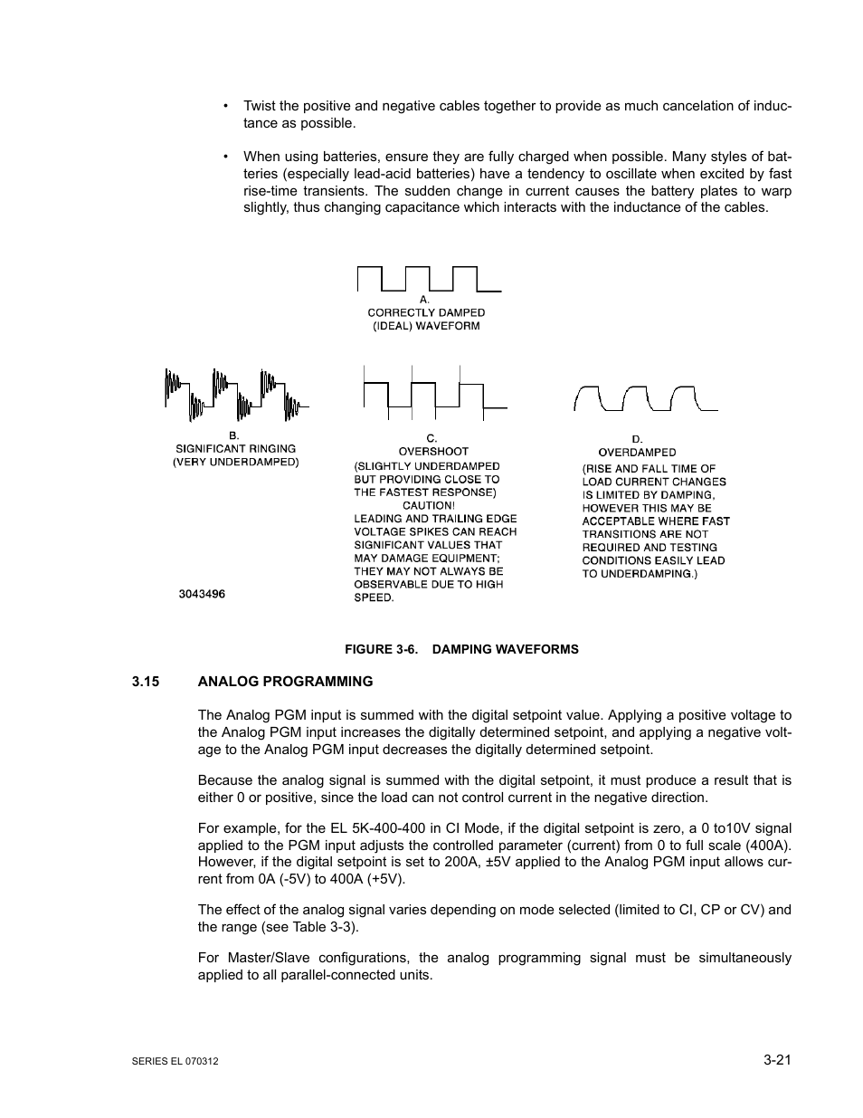 Figure 3-6. damping waveforms, 15 analog programming, Analog programming -21 | Damping waveforms -21 | KEPCO EL Series Electronic Load Operator Manual P/N 243-1295 Firmware Version 3.63 through 3.86 User Manual | Page 57 / 80